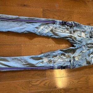 Trendy Light Blue Distressed Skinny Jeans with Side Stripes
